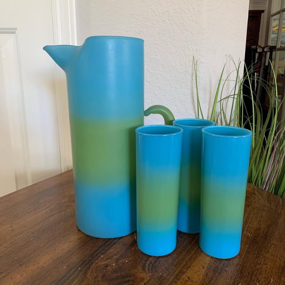 Vintage Blendo Blue & Green Ombre Pitcher with 3 Glasses
